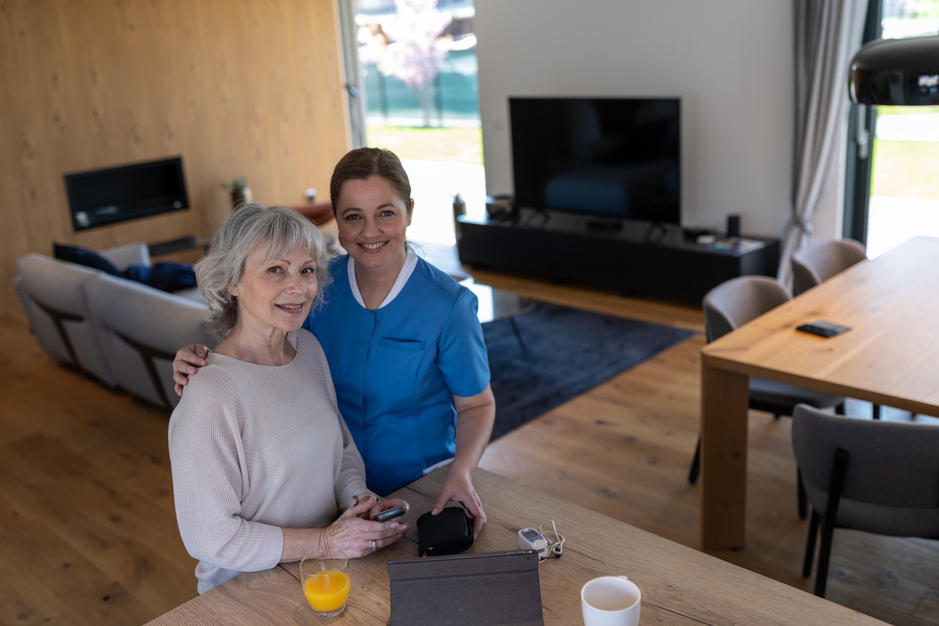 Visit of medical staff in uniform (nurse, doctor) to the patient at home