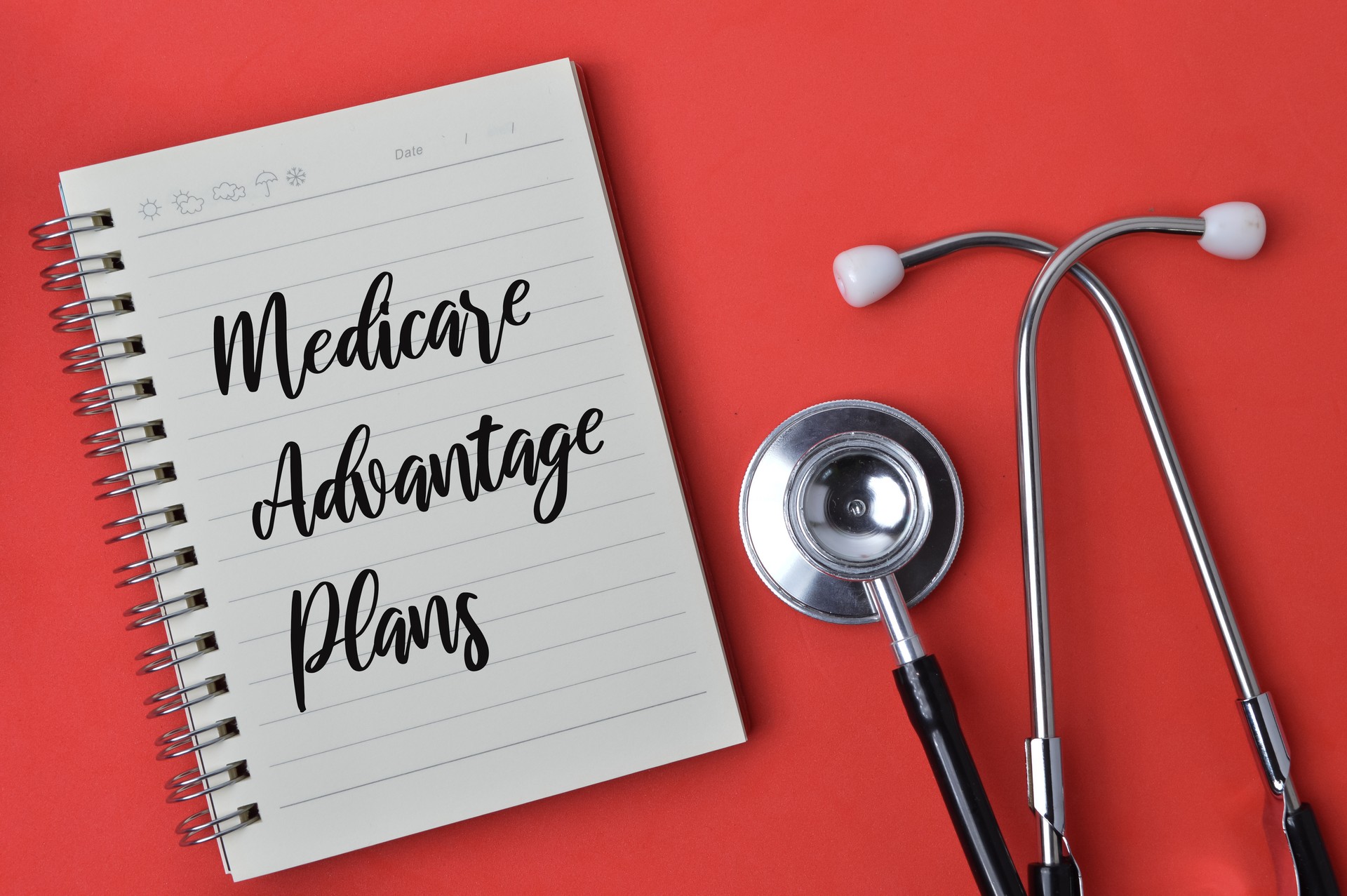 Stethoscope and notebook written with MEDICARE ADVANTAGE PLANS.